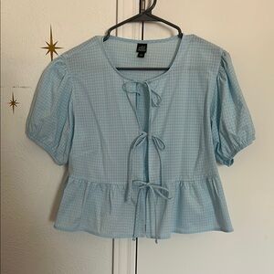Zara Light Blue Gingham Puff Sleeve Blouse